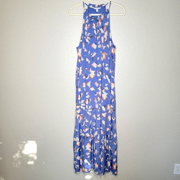 Nine West | Dresses | Nine West Blue Floral Halter Tiered Keyhole Neck  Sleeveless Maxi Dress Size Xxl | Poshmark